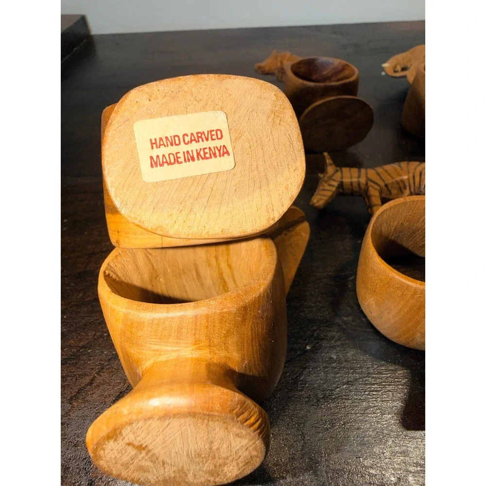 6 Hand Carved Wooden Africa Kenya‎ Safari Animal Napkin Rings